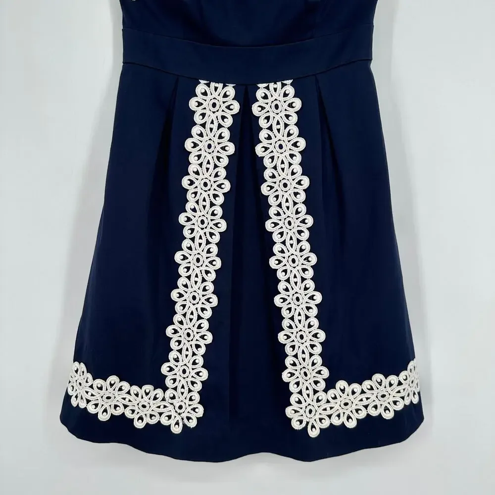 Lilly Pulitzer Betsy Strapless Dress Stretch Floral Eyelet Lace Pleated, Blue - Picture 5 of 9